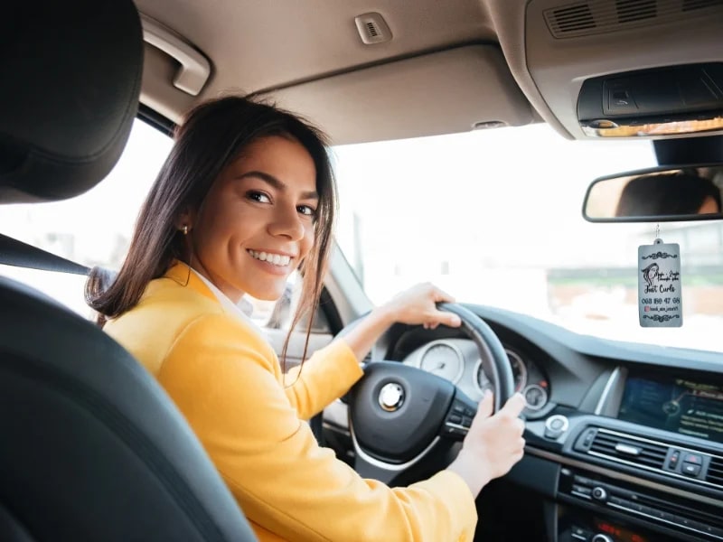 Devojka u automobilu, sa fokusom na jelkicu koja je brendirana