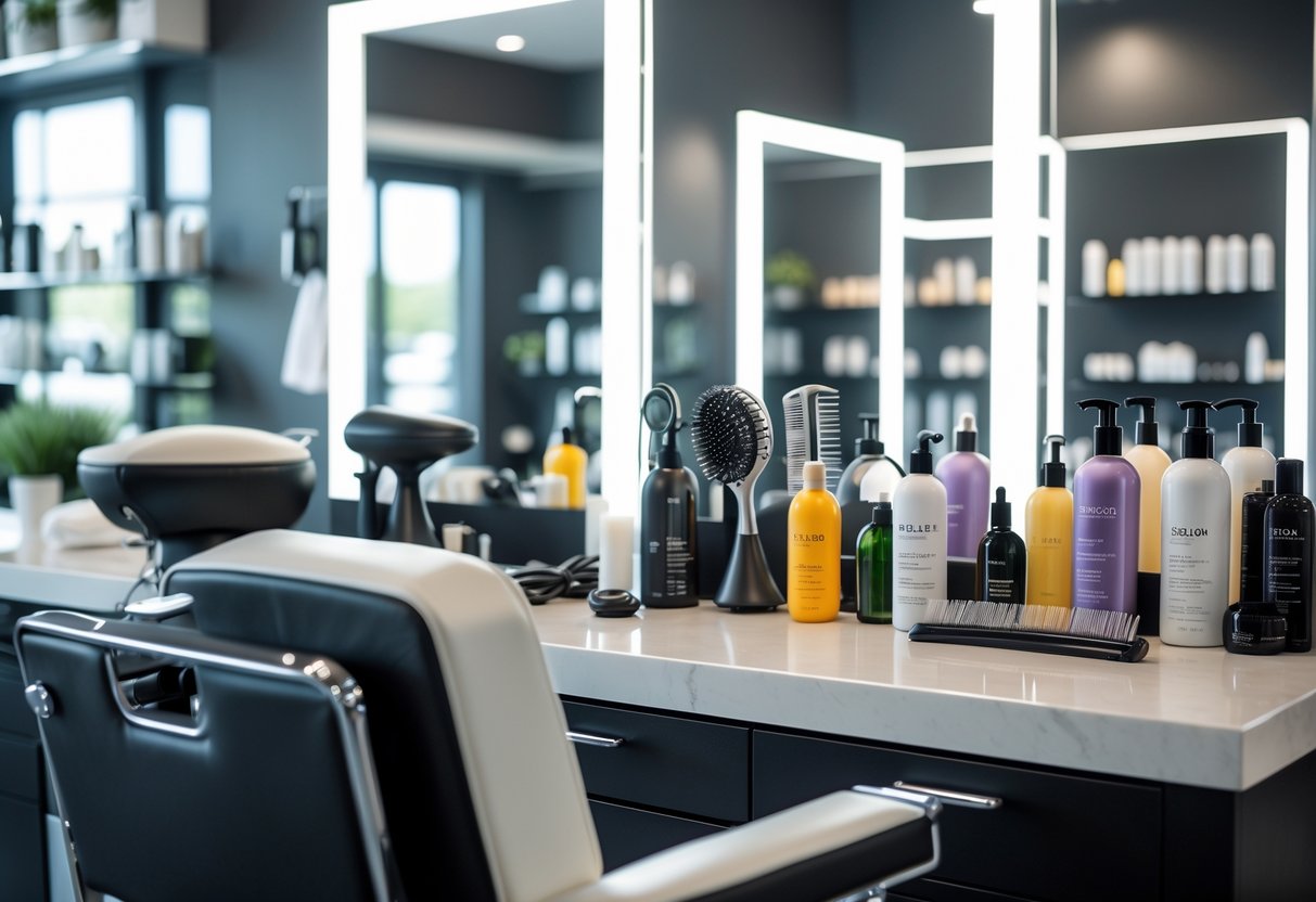 Osnovna oprema za frizerski salon u modernom i urednom prostoru sa stolicom, ogledalom i raznim alatima za šišanje i stilizovanje kose.