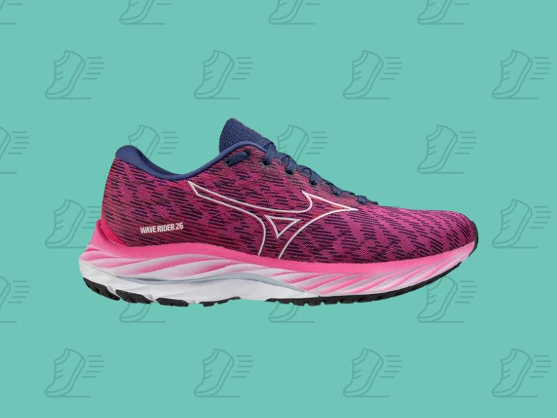 Mizuno Wave Rider 26 patike u ljubičasto-roze kombinaciji – dizajnirane za udobnost tokom dužih kardio treninga i trčanja.