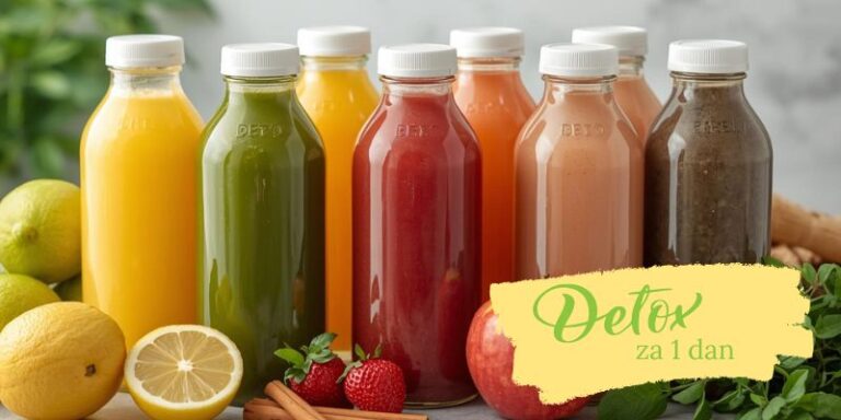 Flašice sa sokovima za detoks organizma za jedan dan, na stolu, sa voćem i povrćem