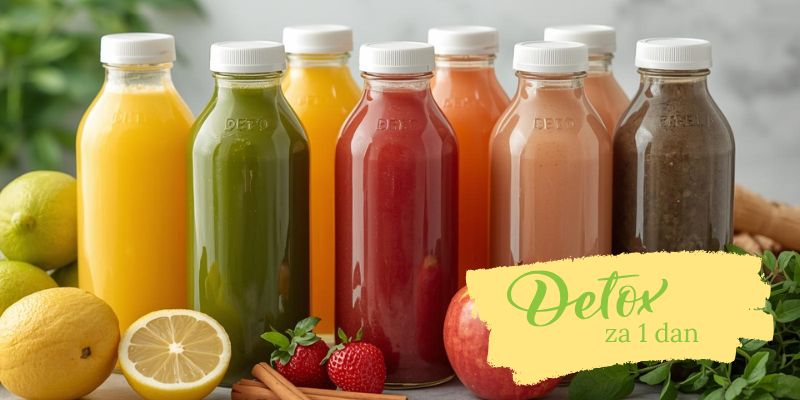 Flaลกice sa sokovima za detoks organizma za jedan dan, na stolu, sa voฤem i povrฤem