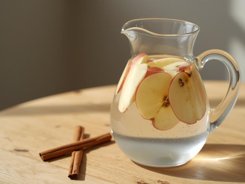 Bokal detoks vode sa kriลกkama jabuke i ลกtapiฤem cimeta, namenjen hidrataciji tokom detoksa organizma za jedan dan.