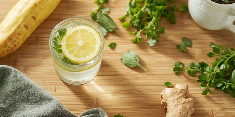 Čaša vode sa kriškama limuna i listovima peršuna na drvenoj podlozi, uz svež đumbir, bananu i zeleno bilje, kao prirodan prikaz detoksa organizma za jedan dan.