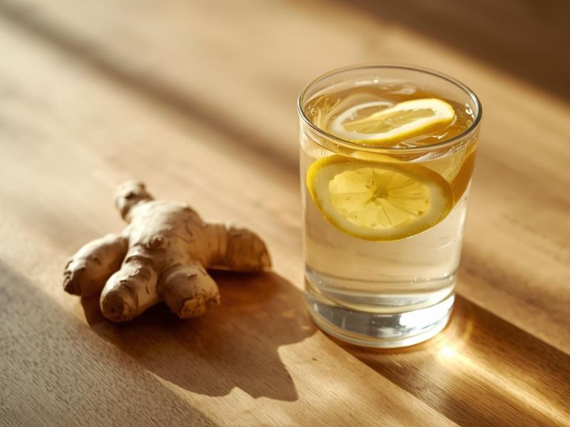 ฤaลกa tople vode sa limunom i sveลพim ฤumbirom, kao blag jutarnji napitak za detoks organizma za jedan dan.