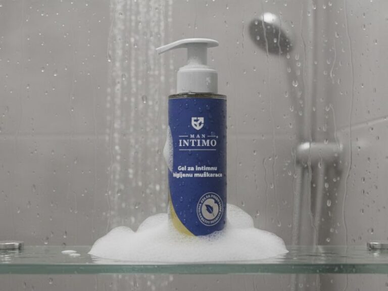 man intimo gel na polici u kupatilu sa penom okolo