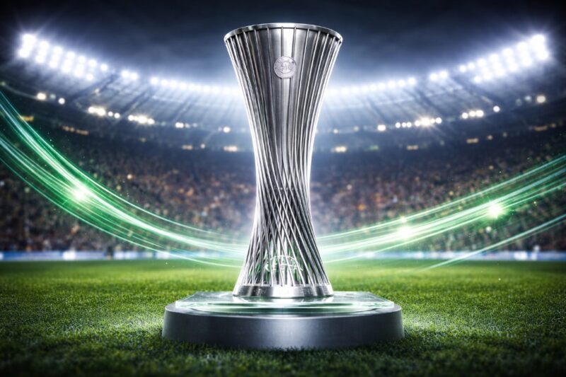 Trofej UEFA takmičenja postavljen na terenu osvetljenog stadiona pred punim tribinama