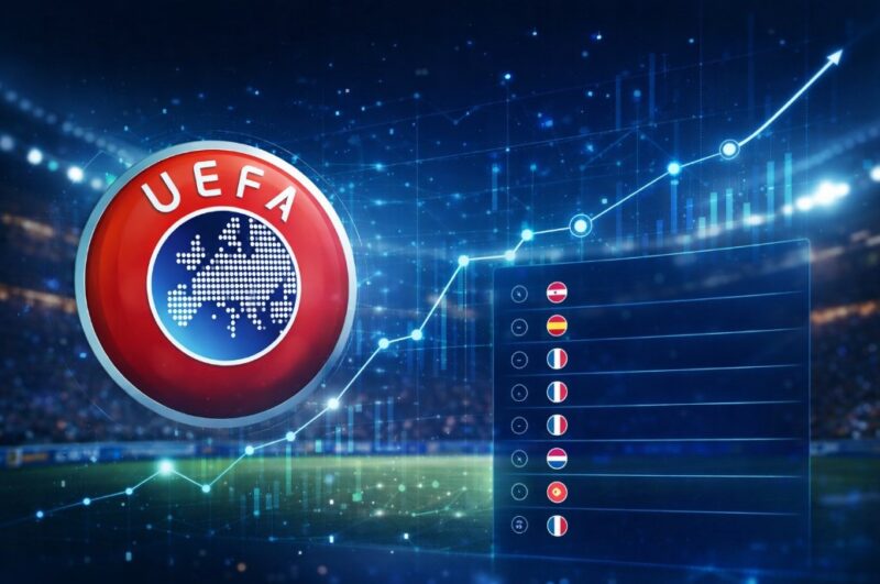 Digitalna ilustracija UEFA tematike sa logotipom, stadionom i grafičkim elementima rangiranja bez numeričkih podataka