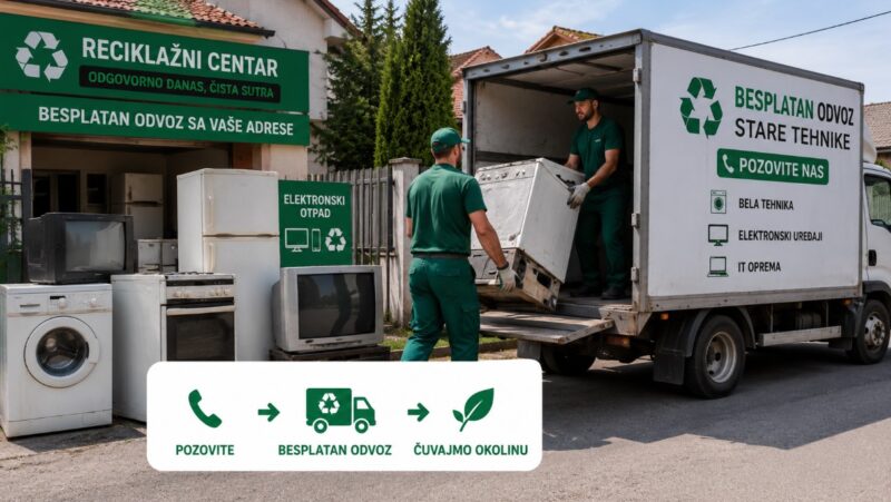 Radnici reciklažnog centra preuzimaju staru belu tehniku i elektronske uređaje ispred kuće radi pravilnog odlaganja.