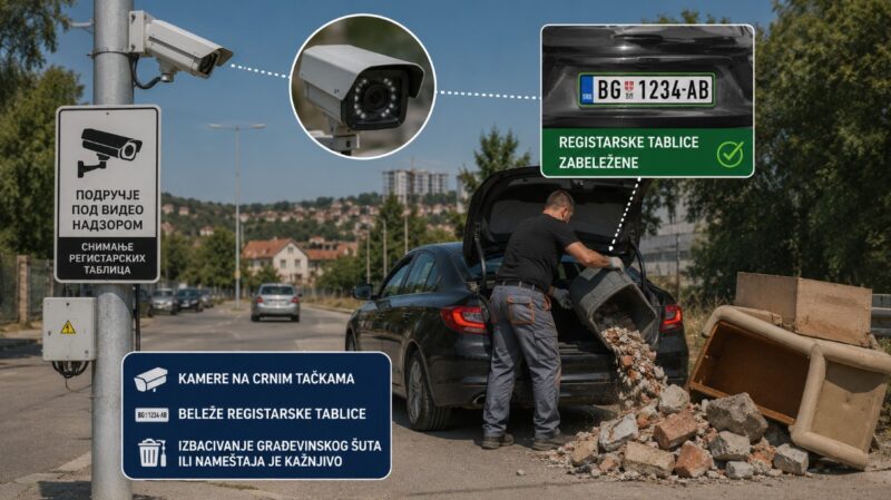 Kamera za nadzor snima automobil iz kog se pored puta izbacuje građevinski šut i stari nameštaj.