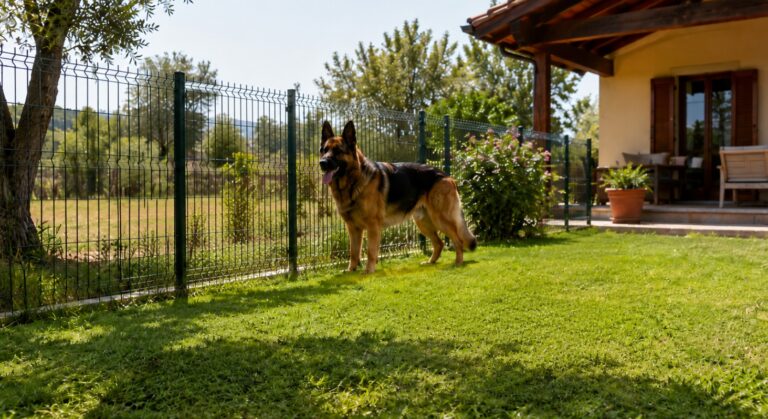 Nemački ovčar stoji u ograđenom dvorištu pored kuće