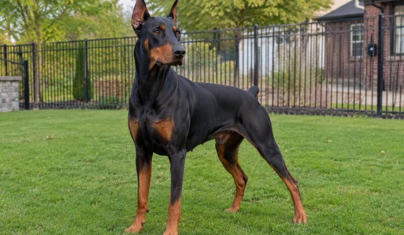 Doberman stoji na travnjaku u ograđenom dvorištu.