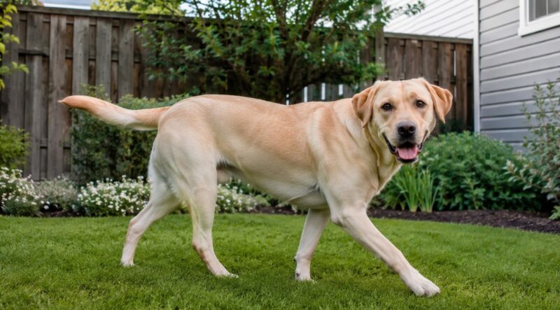 Labrador retriver stoji u ograđenom dvorištu.