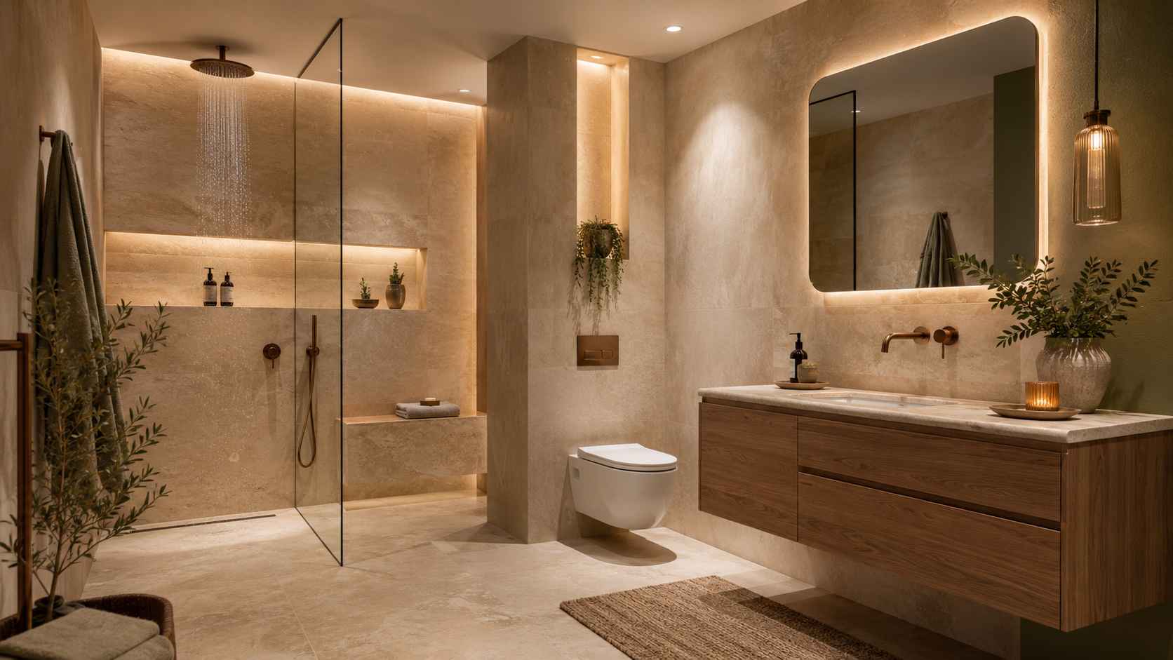 Kupatilo sa sobinama koje se smatraju in, tamnim tonovima, walk in tus kabinom i konzolnom vc soljom
