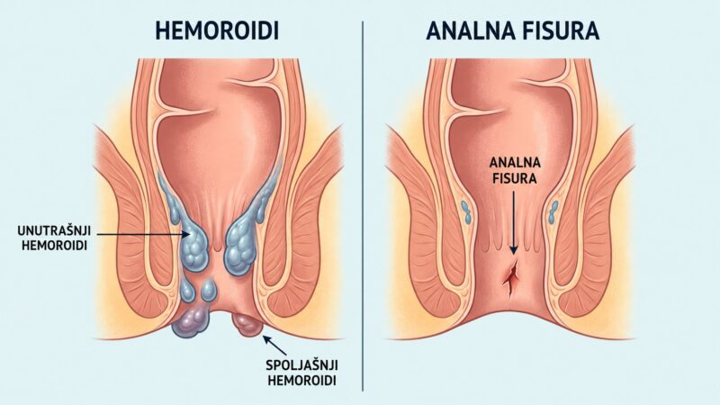 Medicinska ilustracija razlike između unutrašnjih i spoljašnjih hemoroida i analne fisure