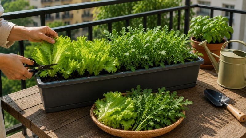Branje salate i rukole iz duge plastične žardinjere na sunčanom balkonu.