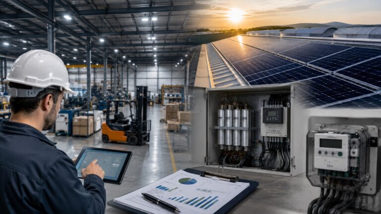 Industrijska hala sa solarnim panelima i sistemima za praćenje potrošnje električne energije