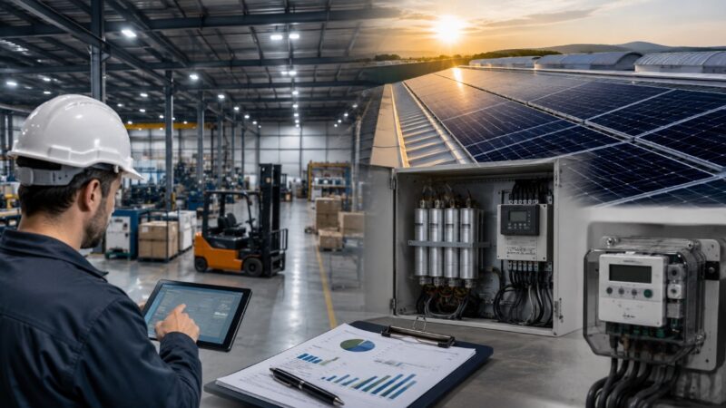Industrijska hala sa solarnim panelima i sistemima za praćenje potrošnje električne energije