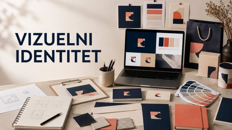 Radni sto sa logotipom, paletom boja, skicama, ambalažom i promotivnim materijalima koji prikazuju usklađen vizuelni identitet brenda.