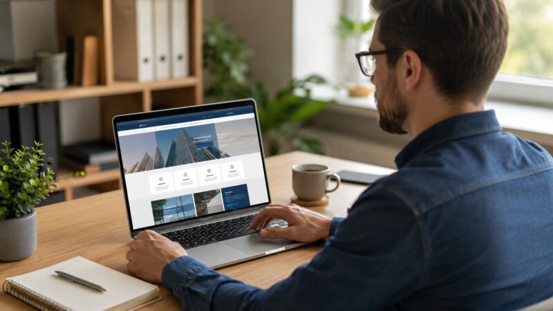 Muškarac za radnim stolom pregledava poslovni sajt na laptopu, kao primer izgradnje online prisustva male firme.