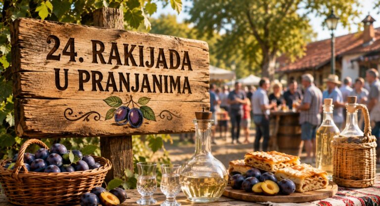 Drvena tabla sa natpisom 24. Rakijada u Pranjanima uz rakiju, šljive i domaću gibanicu