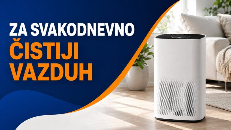 Promotivna objava sa prečišćivačem vazduha u dnevnoj sobi i porukom „Za svakodnevno čistiji vazduh“.