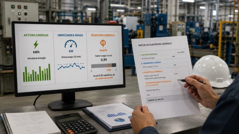 Prikaz računa za struju u proizvodnji sa aktivnom energijom, obračunskom snagom i reaktivnom energijom
