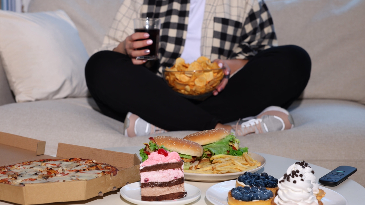 Žena sedi uz čips i gazirani sok, dok su na stolu pica, burgeri i kolači.