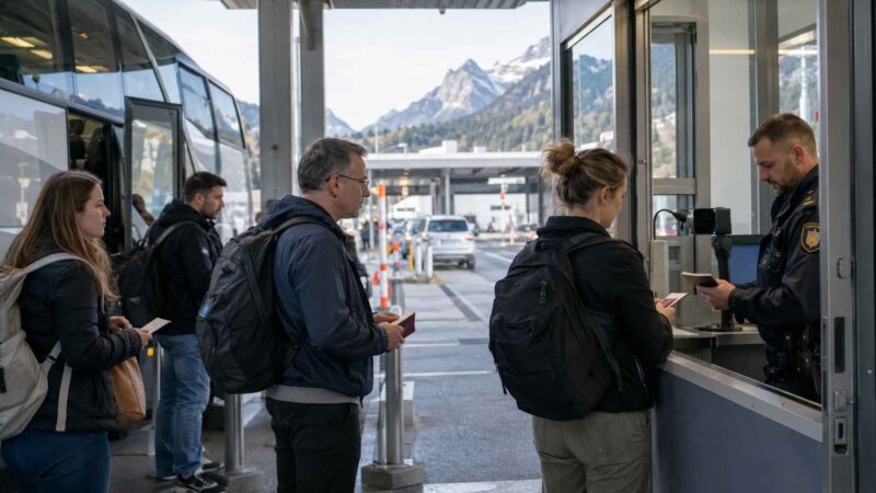 Putnici iz autobusa čekaju proveru pasoša na graničnom prelazu.