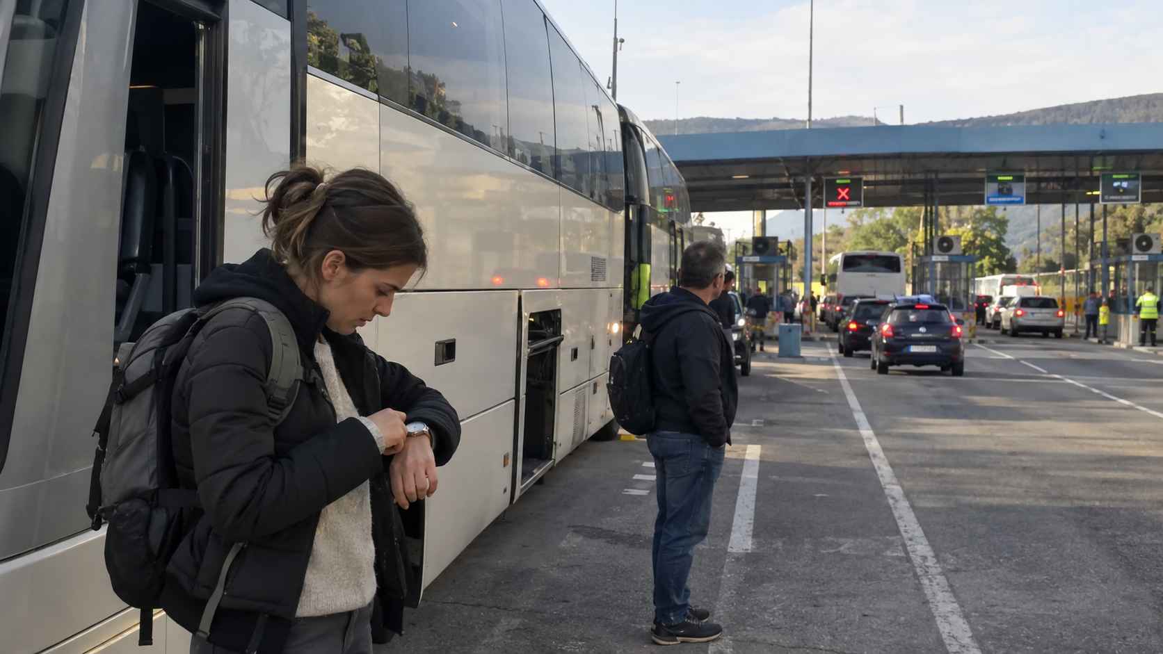 Putnica proverava vreme dok autobus čeka na graničnom prelazu.